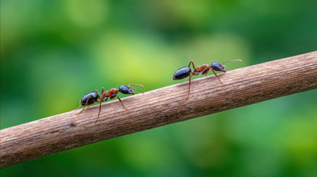 Two ants move along a slender twig set against a soft green background, showcasing details of nature and the intricate world of tiny creatures.の素材