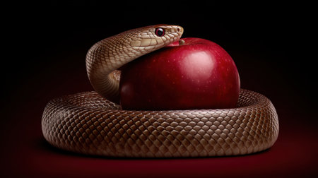 A captivating serpent coils around a shiny red apple, creating a striking visual against a dark background. This composition highlights themes of nature, temptation, and beauty.の素材