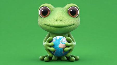 This charming illustration features a cute green frog holding a globe, symbolizing environmental awareness and the importance of nature conservation. The bright green background adds vibrancy to the image, making it ideal for educational and ecological themes.の素材