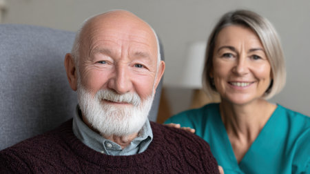 This image captures a heartwarming moment between an elderly man and his caregiver, highlighting the importance of companionship and care in a nurturing environment.の素材
