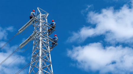 Three workers in safety gear are climbing a high voltage tower under a clear blue sky. This image captures the essence of teamwork and dedication in electrical maintenance.の素材