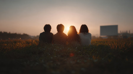 A group of friends sitting together on green grass, silhouetted against a vibrant sunset sky, enjoying a peaceful evening and creating lasting memories.の素材