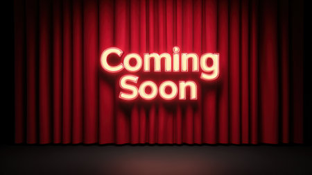 A stunning visual of vibrant red curtains paired with a glowing neon sign stating "Coming Soon." This image conveys anticipation and excitement for upcoming events or product launches.の素材