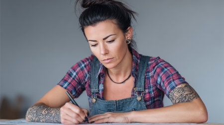 A dedicated female artist captures her creativity in a cozy studio. She focuses intently on her work, showcasing her artistic process and passion for design.の素材