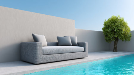 A stylish modern outdoor sofa set next to a bright swimming pool, perfect for leisure and relaxation, surrounded by nature's tranquility in a sunny setting.の素材
