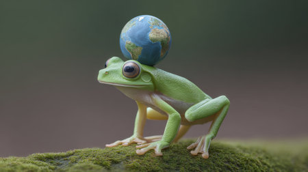 A charming green frog balances a tiny globe atop its head, symbolizing environmental stewardship and harmony with nature. The vibrant colors and serene setting create a whimsical yet thought-provoking image.の素材