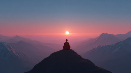 A tranquil scene featuring a silhouetted figure meditating atop a mountain peak, with a vibrant sunrise illuminating the vast landscape.の素材