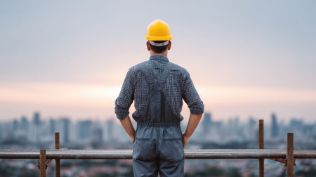 A construction worker in a yellow hard hat gazes at an urban skyline during sunset. The scene captures a moment of reflection and ambition.の素材