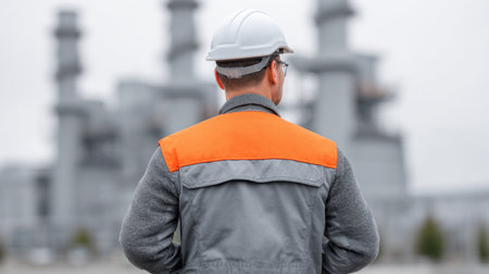 A worker in safety gear stands with his back to the camera, observing an industrial site featuring a power plant. The scene conveys professionalism and vigilance.の素材