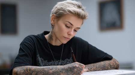 A dedicated young artist showcases her creativity in a modern studio, deeply focused on her drawing with ink and paper. The artist's tattoos and hairstyle reflect her unique personality.の素材