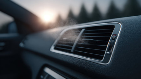 This close-up image showcases a car air vent emitting fine mist. The soft sunlight in the background enhances the tranquil nature setting, capturing a moment of comfort in vehicle interiors.の素材