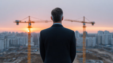 A businessman stands alone, observing a construction site at sunset. The silhouette captures the essence of urban development and future possibilities.の素材