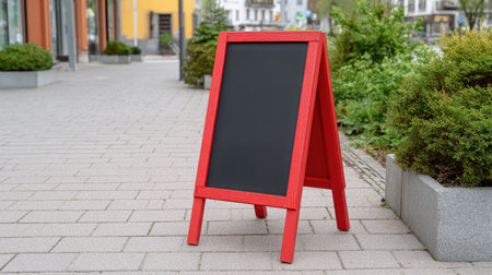 A bright red A-frame sign stands on a sidewalk, providing a striking contrast against the greenery and urban landscape, perfect for marketing ideas.の素材