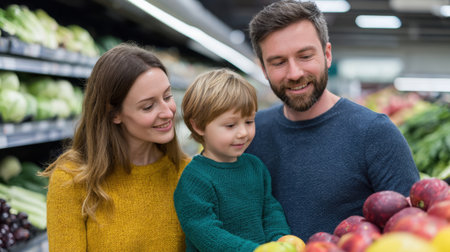 A joyful family enjoys shopping for fresh produce in a grocery store, exploring healthy food choices while spending quality time together.の素材