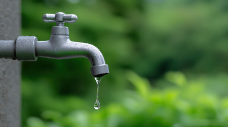 A close-up image of a water faucet with a single drop visible, surrounded by vibrant green foliage. The photo captures the essence of water conservation and natural beauty.の素材