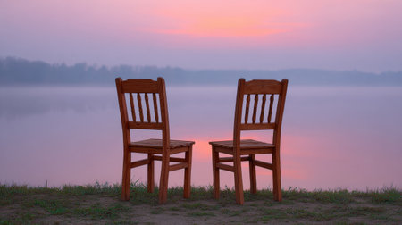 Two wooden chairs sit serenely on the shore of a calm lake during sunset, surrounded by soft purple and pink skies, inviting reflection and relaxation.の素材