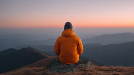 A solitary figure dressed in an orange jacket sits atop a rock, gazing out over a breathtaking mountain landscape at sunset. The soft colors of dusk create a serene atmosphere, ideal for relaxation and reflection.の素材