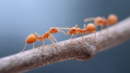 This macro photography captures a detailed moment of ants communicating on a branch, showcasing their intricate behaviors and social interactions in nature.の素材