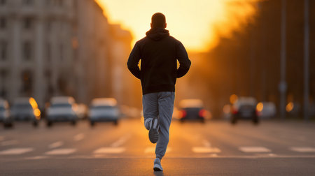 A captivating image of a man running on an empty street during sunset, showcasing a warm light backdrop in an urban environment, representing freedom and fitness.の素材