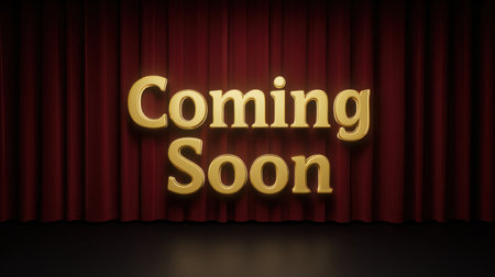 This image features a golden "Coming Soon" text against a rich red curtain backdrop, creating an elegant and dramatic atmosphere for upcoming events or promotions.の素材