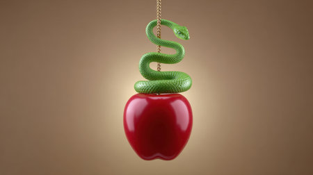 A captivating image of a shiny red apple suspended with a green snake curled around it against a neutral backdrop, symbolizing temptation and creativity.の素材