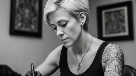 A talented artist diligently creates a stunning tattoo design, showcasing precision and creativity in a monochrome setting. The image captures the artistry involved in body ink.の素材