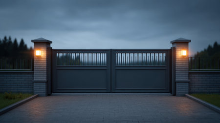 This image features a sophisticated entrance gate with elegant lanterns, set against a dramatic cloudy sky and lush greenery, evoking tranquility and beauty.の素材
