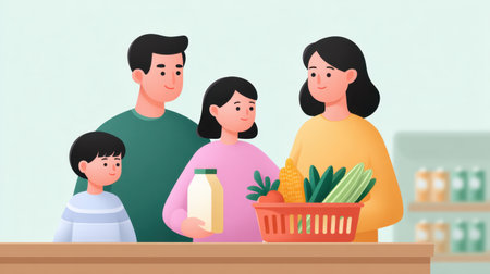 This vibrant cartoon illustration depicts a happy family shopping at a grocery store, showcasing fresh vegetables and fruits in their cart, promoting healthy living.の素材