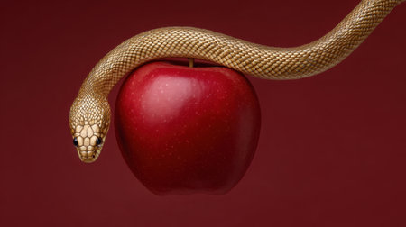 A stunning image featuring a golden snake gracefully coiled around a glossy red apple, set against a dark background, evoking themes of temptation and knowledge.の素材