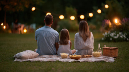 A heartwarming scene of a family relaxing on a blanket under glowing string lights. Enjoying popcorn and snacks, they create lasting memories together.の素材