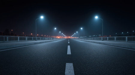 A captivating nighttime road scene featuring empty asphalt, glowing street lights, and a misty atmosphere, perfect for conveying themes of solitude and tranquility.の素材
