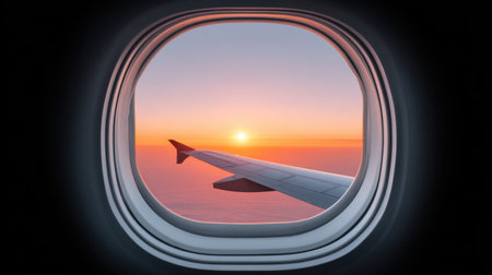 This stunning image captures an airplane window view during sunset with a wing extending into the vast sky, illustrating serene travel and adventure.の素材