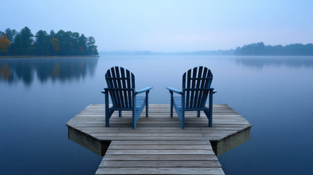 A serene lakeside scene featuring two blue Adirondack chairs on a wooden dock, overlooking calm waters in early morning mist. Perfect for relaxation.の素材