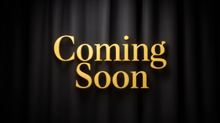 This image features a sophisticated "Coming Soon" message in glossy gold lettering, elegantly presented against a rich black curtain background, perfect for promotions.の素材