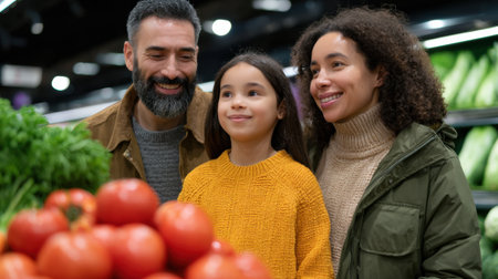 A joyful family enjoys their grocery shopping experience in a modern store, surrounded by vibrant fresh produce, enhancing the value of healthy living.の素材