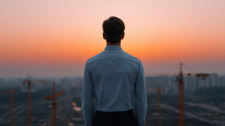 A solitary figure stands at the edge of an urban landscape, looking towards a vibrant sunset. Construction cranes add to the industrial scenery, evoking a sense of ambition and future growth.の素材