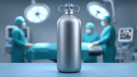 A sleek stainless steel bottle stands in focus against a blurred backdrop of a surgical team at work in an operating room, highlighting medical professionalism.の素材
