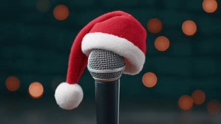 A microphone adorned with a cheerful Santa hat stands as a symbol of holiday spirit, perfect for festive gatherings and musical performances. Soft bokeh lights create a warm atmosphere, enhancing the joyous mood of the season.の素材