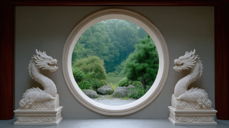 A serene view of a lush garden framed by intricately carved dragon statues, showcasing traditional Asian architecture and nature's beauty in perfect harmony.の素材