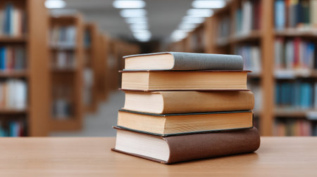 A neatly stacked collection of books rests on a wooden table, with a softly blurred library background, symbolizing learning and knowledge exploration.の素材