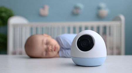 A modern baby monitor camera positioned in a nursery setting with a sleeping infant in soft natural light, highlighting technology and safety in parenting.の素材