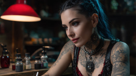 A young woman with intricate tattoos engages in a creative process, surrounded by artistic tools. The dim lighting enhances the atmosphere, showcasing focus and creativity.の素材
