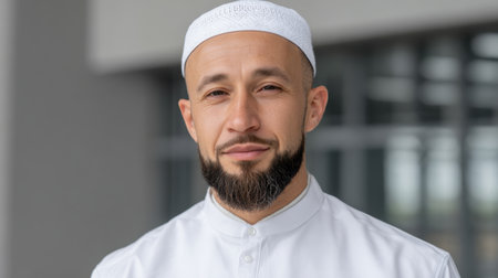 A confident man with a beard and white cap stands outdoors, wearing traditional attire in a contemporary setting. His serene smile reflects positivity and grace.の素材