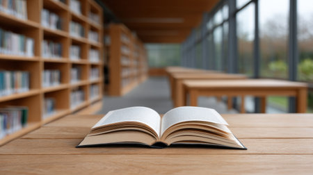 An open book rests on a wooden table in a modern library. Blurred bookshelves create a serene atmosphere ideal for study and reflection.の素材