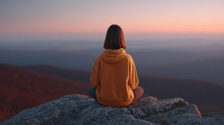 A young woman sits peacefully on a rock, enjoying a breathtaking view of distant mountains during twilight, embodying relaxation and contemplation.の素材