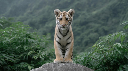 A striking young tiger cub poses on a rock amidst lush greenery, showcasing its captivating features and playful spirit in a serene natural habitat.の素材
