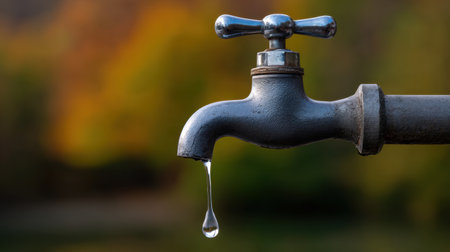 This close-up image captures a vintage metal faucet with a single droplet of water suspended at the tip, set against a softly blurred nature background.の素材