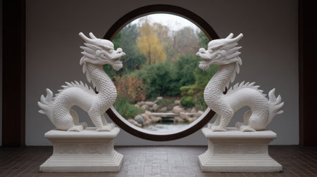 Two elegant dragon statues stand majestically on pedestals, framed by a circular window revealing a serene garden, enhancing tranquility and elegance.の素材