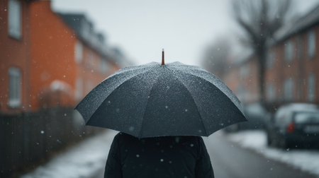A person stands under a black umbrella on a snowy street, surrounded by soft falling snowflakes. The backdrop features a serene winter atmosphere, enhancing feelings of solitude and tranquility.の素材