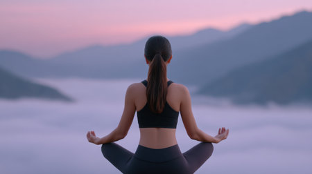 A young woman practices yoga in a serene lotus pose, surrounded by misty mountains at sunrise. This tranquil scene reflects a journey of wellness, mindfulness, and inner peace.の素材